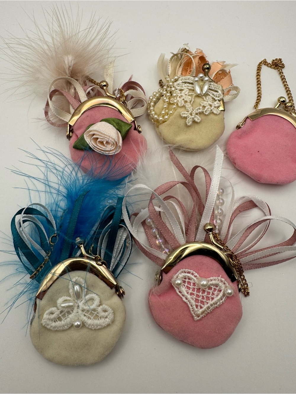 Vintage Handmade Mini Coin Purse Lot of 5 Velvet Ribbon Feather Kiss Lock